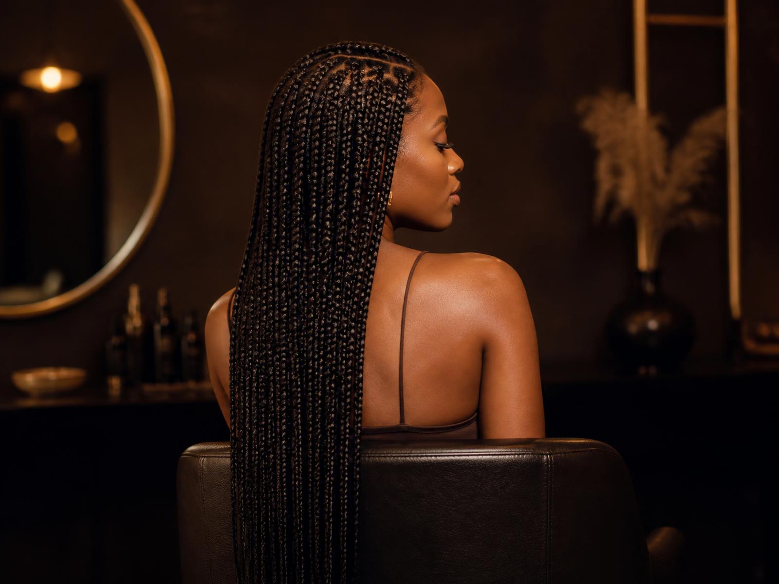 Client with long knotless braids seated in the salon